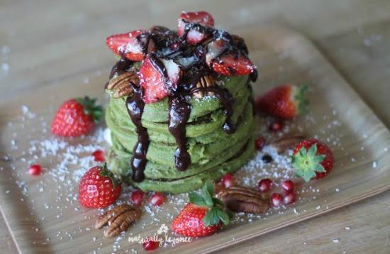 Vegan Matcha Green Tea Strawberry Pancakes