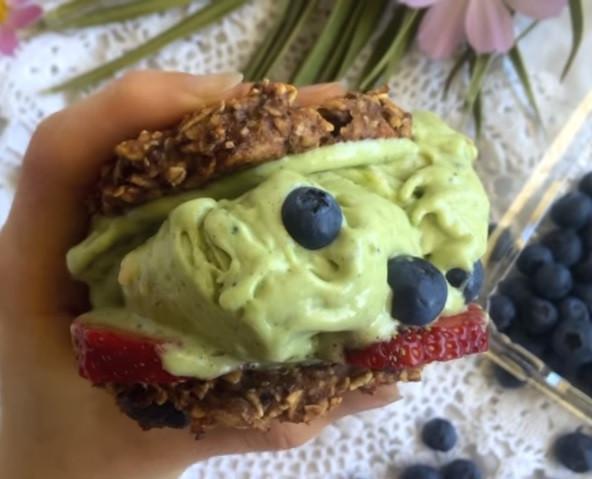 Matcha ice cream chocolate chip cookie sandwich