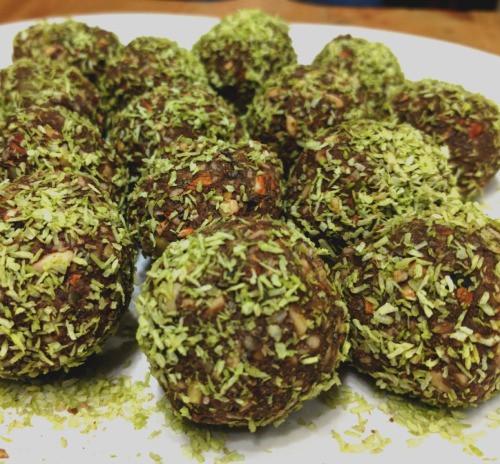 Raw Cacao Green Tea Coconut Protein Balls